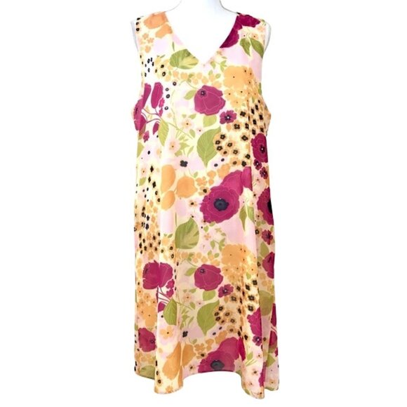 Julie Brown Silky Floral Sleeveless Dress Yellow and Pink Midi Shift Dress. 12 - Picture 1 of 12